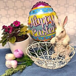 Bunny 10" Tall,and attached Metal Wire Basket,basket has a touch of sparkle